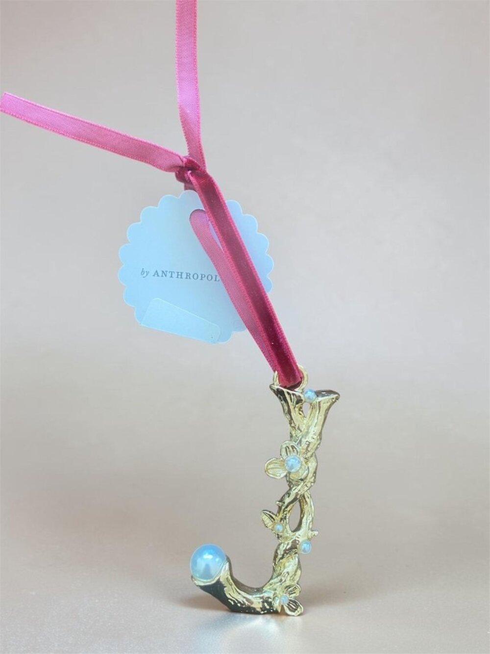 Anthropologie Aurelia Gold Pearl Monogram Letter “J” Initial Ornament NWT